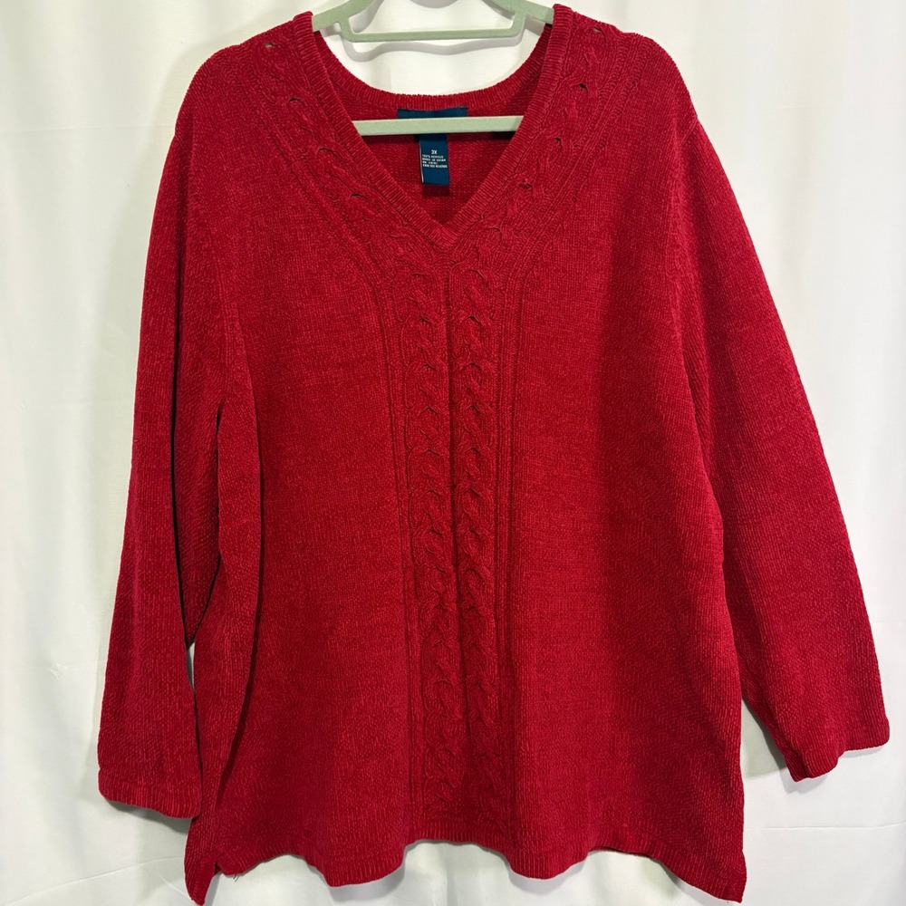 Denim & Co Red Chenille Cable Knit V-Neck Sweater Plus Size 3X 90s Vintage Soft